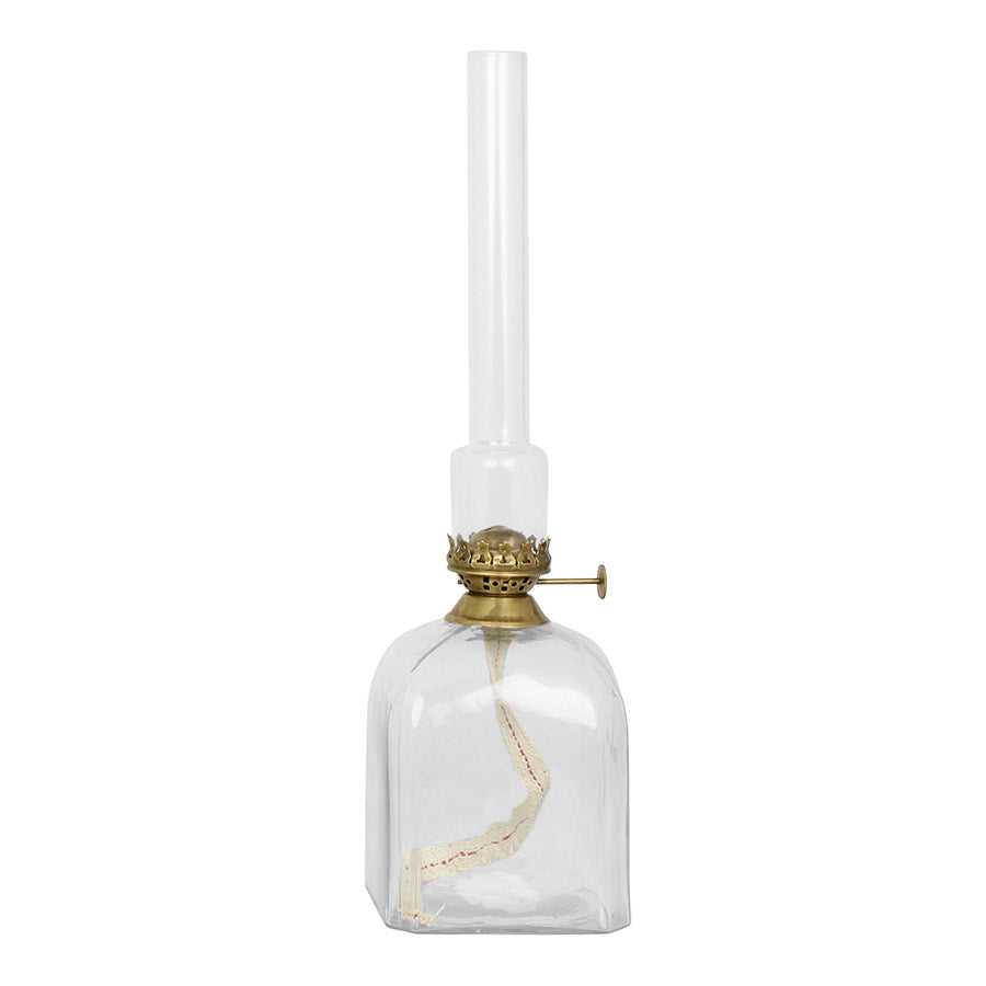 The Strömshaga Kerosene Lamp Elisabeth in Glass features a square base, antique brass fittings, and stands 33cm tall.