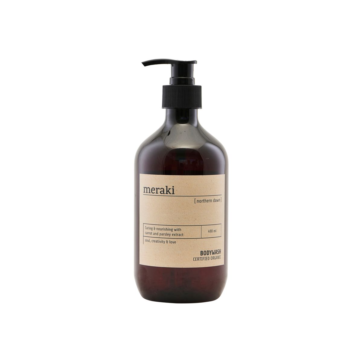 A 490 ml brown plastic pump bottle of Meraki Body Wash Organic, Northern Dawn nourishes skin and is certified organic.