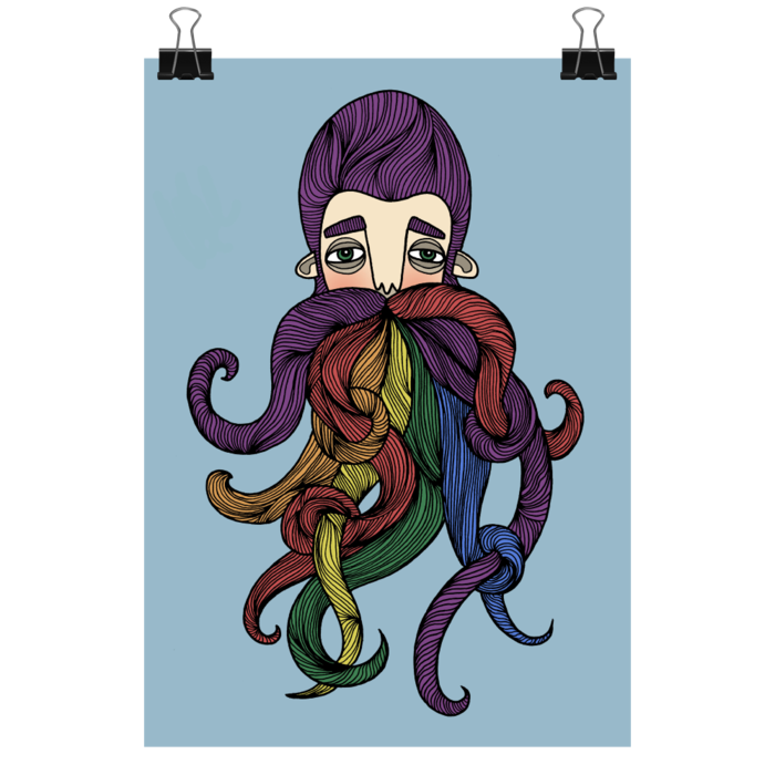 The Octobeard Print by Bahkadisch features a person with purple hair and a vibrant, curly octopus beard on a light blue background—ideal as colorful wall decor or a unique fine art piece.