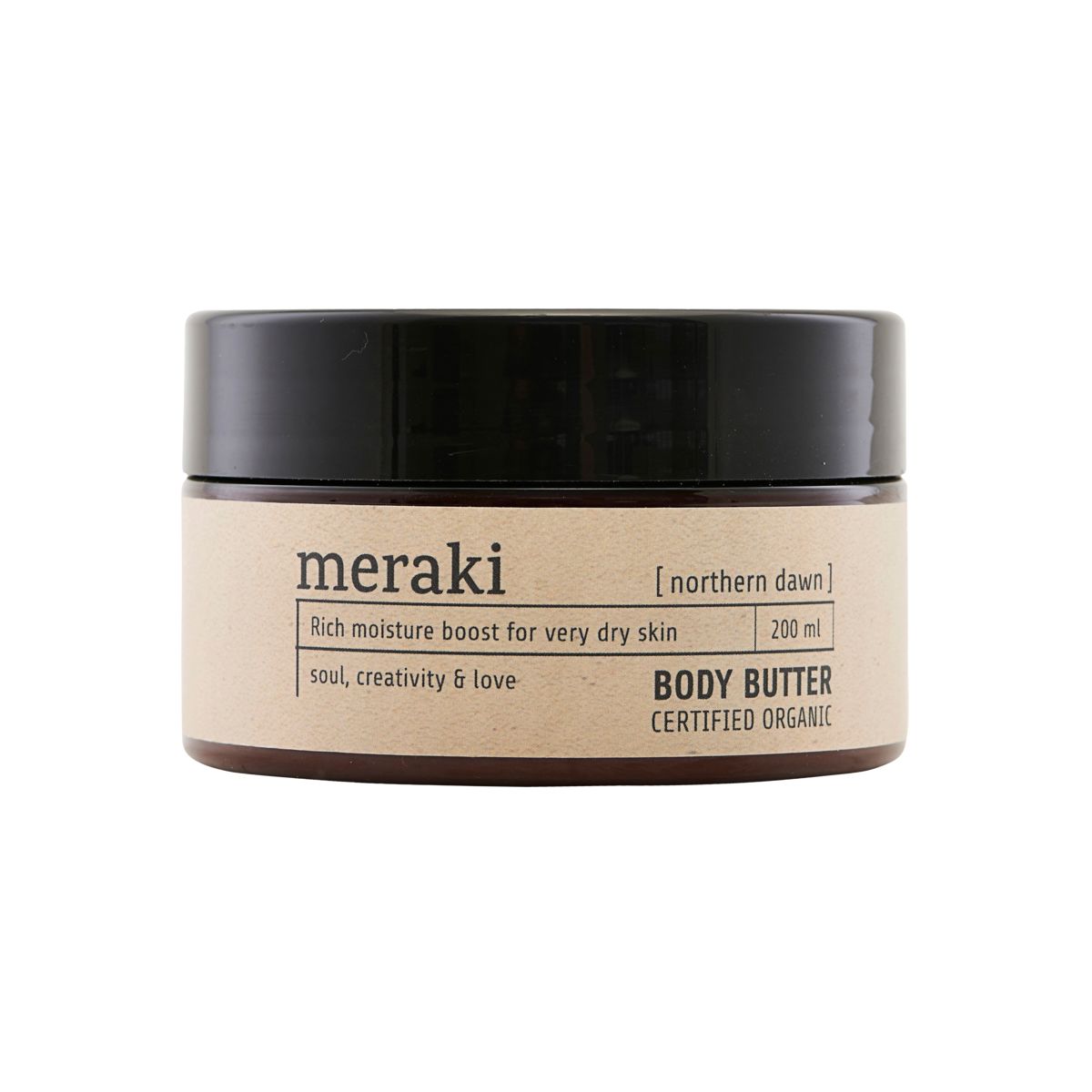 Meraki Body Butter Organic, Northern Dawn, 200ml offers rich moisture for very dry skin. Certified organic, this nourishing moisturizer revitalizes and deeply hydrates.