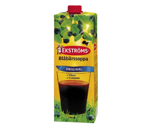A 1L carton of Deli Ekströms Blåbärssoppa Blueberry Drink, a Swedish beverage made from wild blueberries, features vibrant berries and leaves with a glass of the drink pictured on the front.