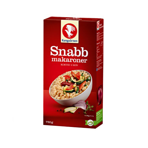 A red box of Deli Kungsörnen Snabbmakaroner – Pasta 750g, a Swedish quick-cook macaroni, shows cooked pasta with vegetables on the front.