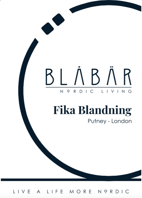 Blåbär Nordic Living Fika Blandning Espresso Beans 250g pack features the logo, Putney - London, and Live a Life More Nordic slogan on a white background with navy accents. Roasted in London.