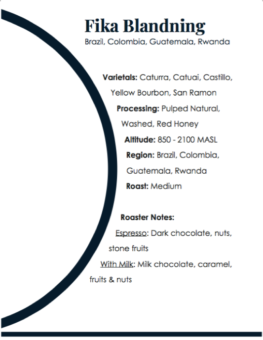 Informational label for Blåbär Nordic Livings Blåbär Fika Blandning Espresso Beans 250g details origin, varietals, processing, altitude, roast level, and tasting notes. Roasted in London. Black text on white background.