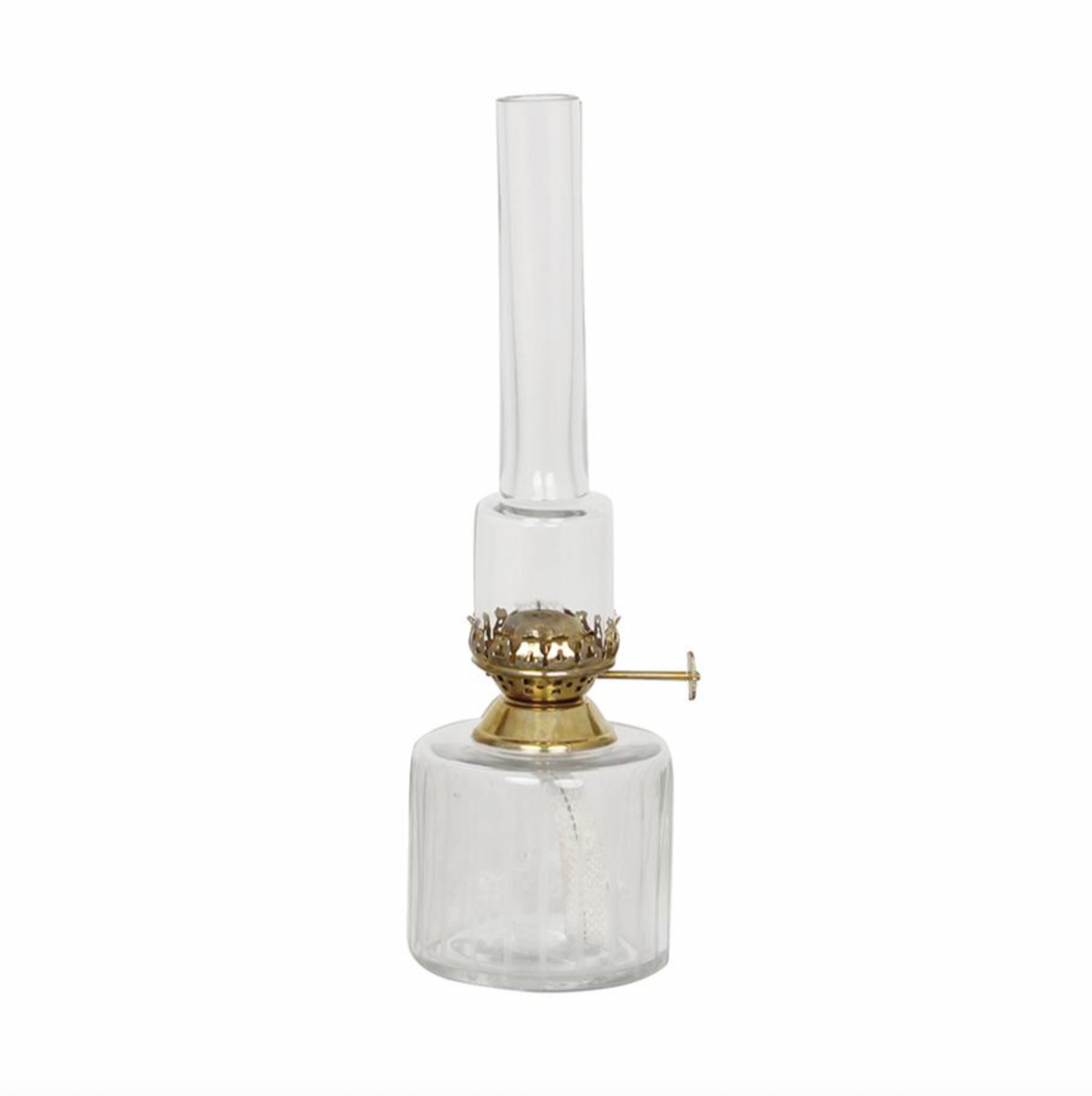 The Elisabeth Oil Lamp in Clear Glass with Brass (Small, 25cm) by Strömshaga, featuring a round base, brass burner, and tall narrow chimney, is photographed against a plain white background.