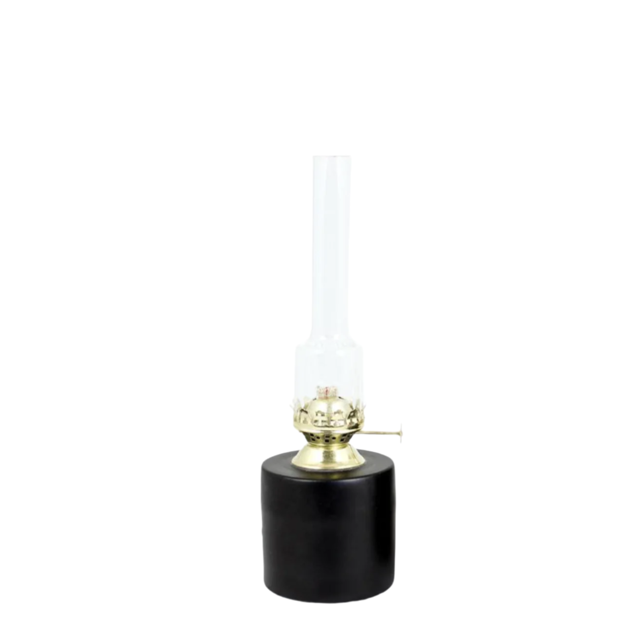 The Strömshaga Oil Lamp in Black with Brass, Small 25cm, features a cylindrical black metal base, clear glass chimney, and a brass knob to adjust the wick, shown against a white background.