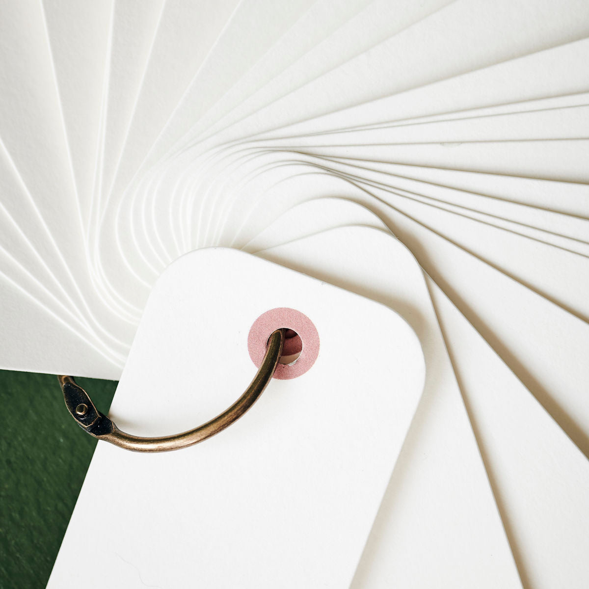 A close-up of Monograph’s Gift Tags, White, Set of 25—blank cards with rounded corners held by a brass ring—ideal for creative gift wrapping or personalized tags, fanned out on a dark green surface.