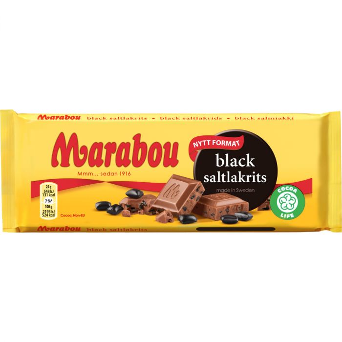 A Deli Marabou Black – Milk Chocolate with Salty Liquorice 100g bar in a yellow wrapper features chocolate and black licorice images, black saltlakrits flavor text, and nutritional info on the front.