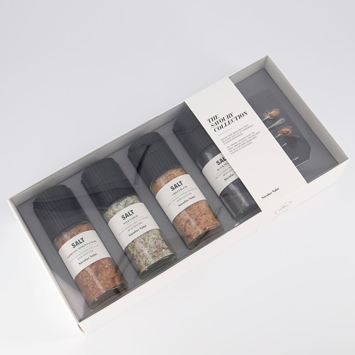 Gift box Salts, Nicolas Vahé Savoury - Parmesan, tomato and basil salt, Black salt, Wild garlic salt, & Chili salt