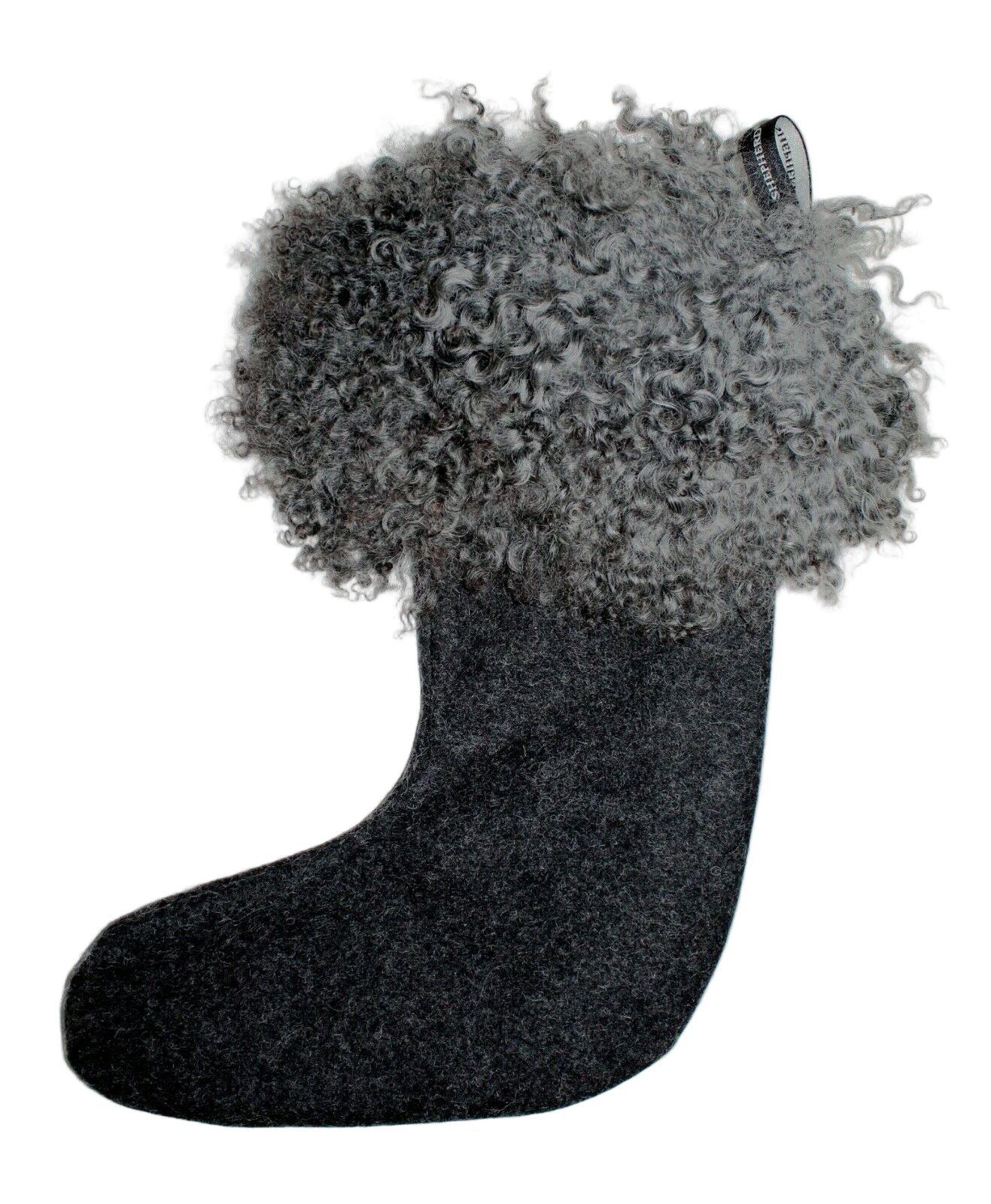 The Christmas Stocking, Franni in Sheepskin, Black by Shepherd of Sweden features a textured curly gray faux fur cuff at the top, reminiscent of Gotland wool.