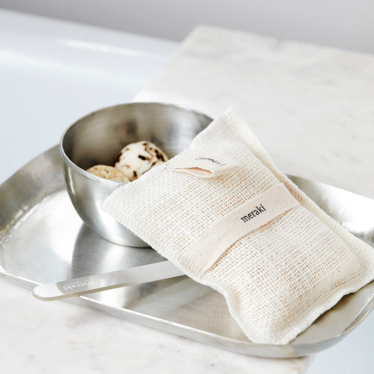 Bath Mitt, in Jute filled with Rosemary Soap