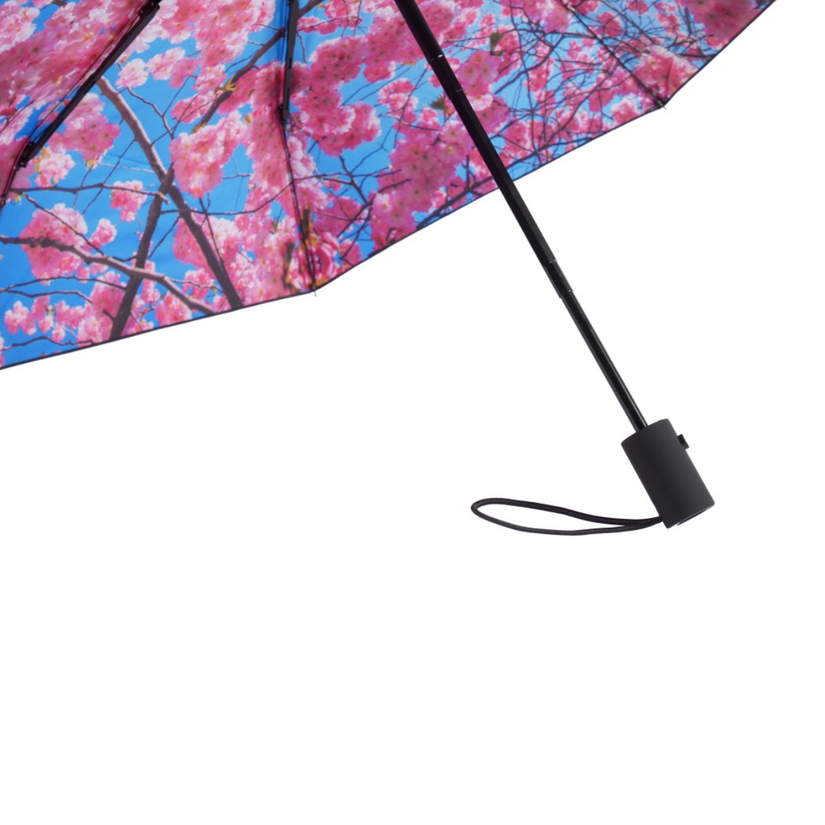 The Happysweeds Umbrella Cherry is a compact, automatic umbrella featuring a stylish canopy printed with pink cherry blossoms and blue sky, shown against a white background.