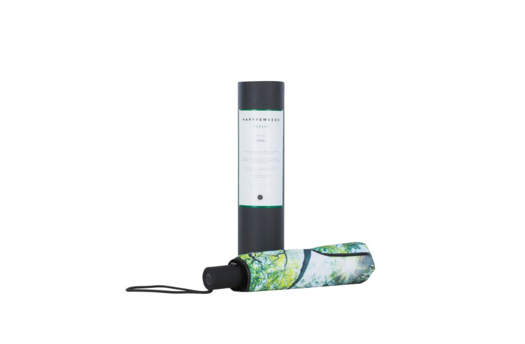The Happysweeds Umbrella Forest, featuring a handle strap and nature-themed cover, stands upright beside its cylindrical storage case on a white background.