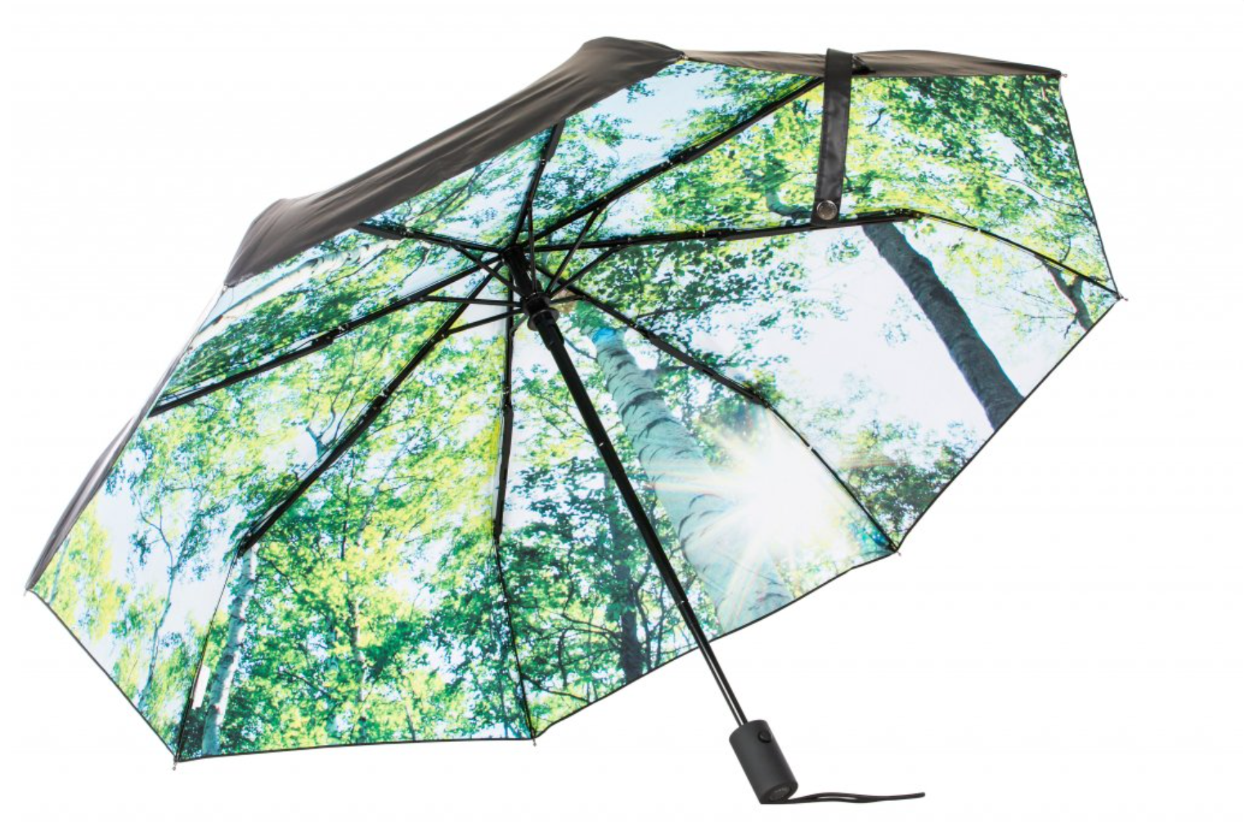 The Happysweeds Umbrella Forest is a black automatic umbrella featuring an inner canopy printed with a photo of green treetops and sunlight filtering through the leaves.