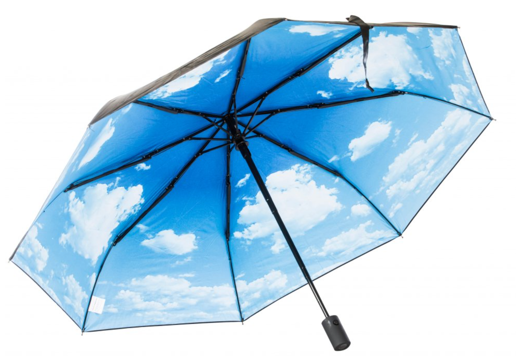 The Happysweeds Umbrella Sky Lake is a black windproof umbrella that opens to reveal a compact canopy printed with a blue sky and white clouds.