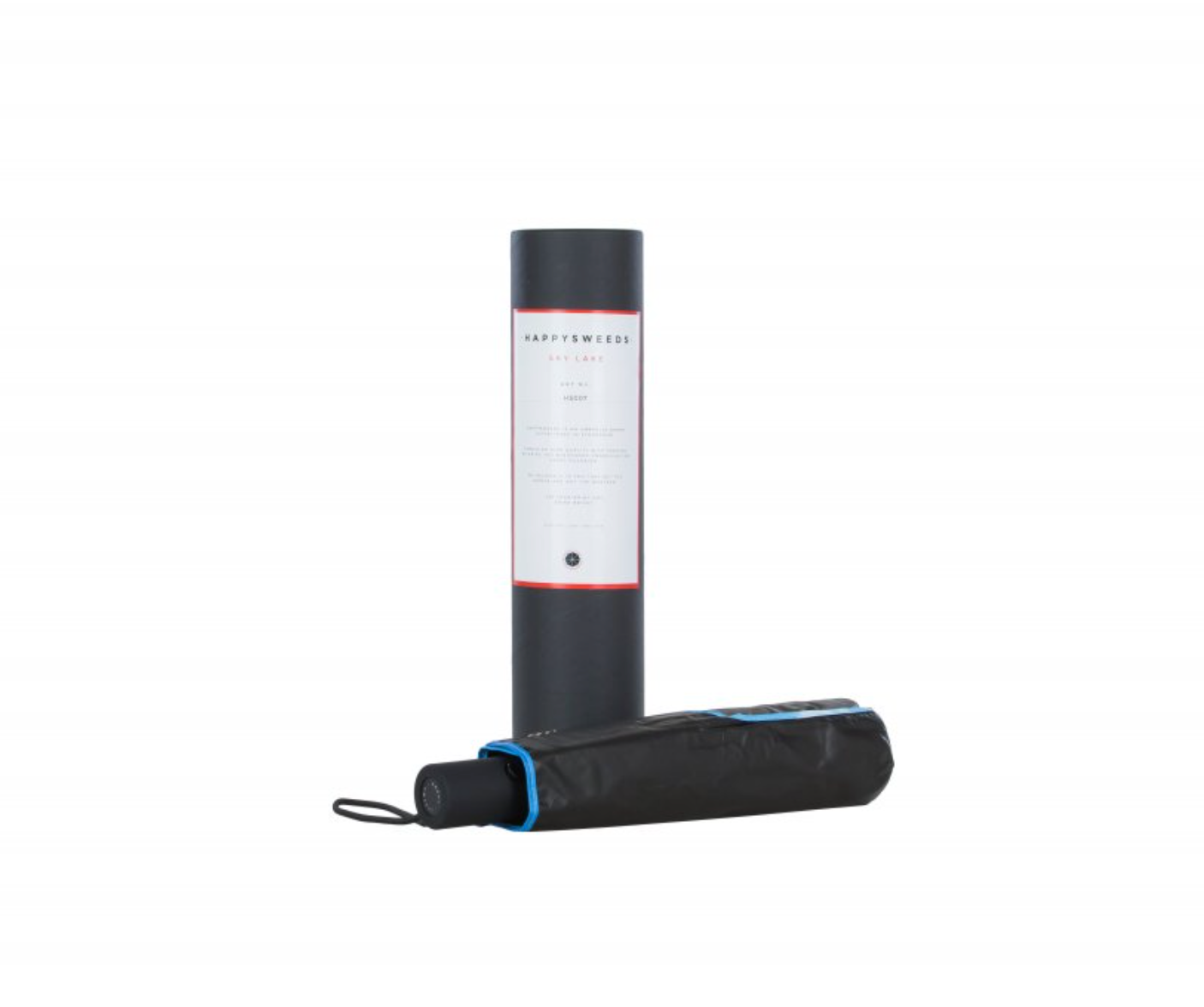 The Happysweeds Umbrella Sky Lake, a closed compact umbrella with blue trim, stands in front of its tall cylindrical black case featuring a white label.