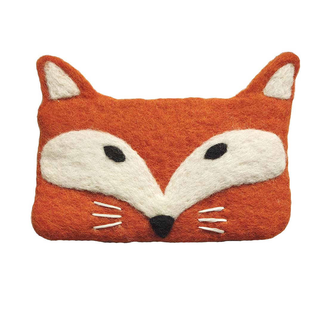 The Felted Wool Purse Fox in Orange by Klippan Yllefabrik is a handmade, rectangular purse crafted from hand-felted wool in orange and white. Designed to resemble a fox’s face, it features pointed ears, black button eyes, simple white whiskers, and a black nose—offering both charm as an accessory and practicality as a purse.