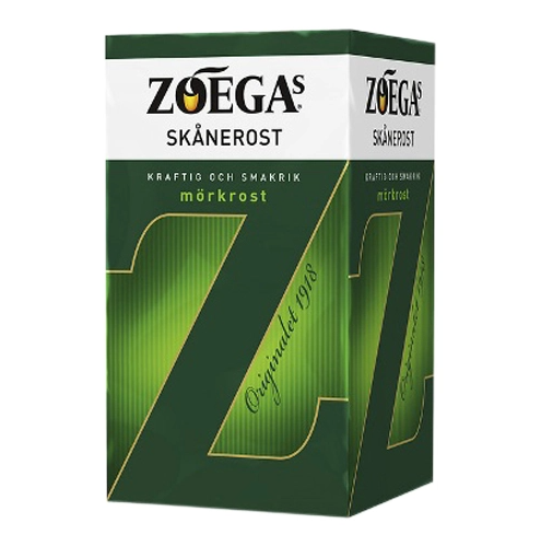 A rectangular green and white 450g package of Deli Zoegas Skånerost – Dark Ground Filter Coffee, featuring bold Z graphics, Swedish text, and crafted from quality Arabica beans.