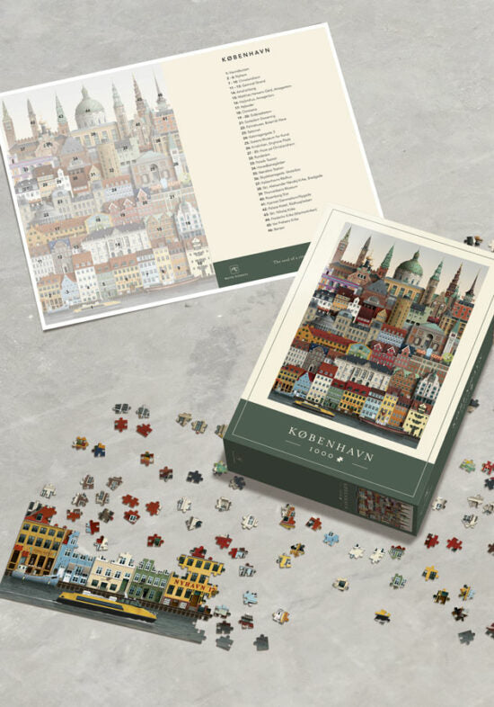 The Martin Schwartz Copenhagen City Puzzle (1000 pieces) displays colorful city buildings. Shown on a gray surface are the box, puzzle pieces, completed image, and an illustrated guide.