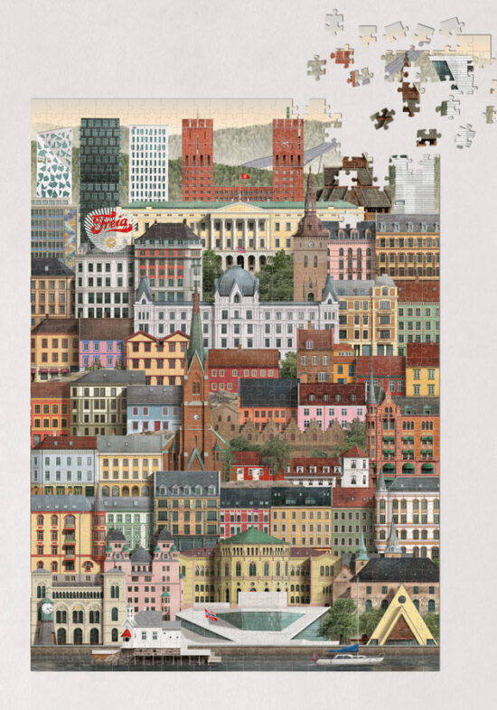 The Martin Schwartz Oslo City Puzzle (1000 pieces) depicts vibrant, detailed Oslo architecture. The unfinished puzzle has missing pieces in the top right corner and loose pieces scattered nearby.