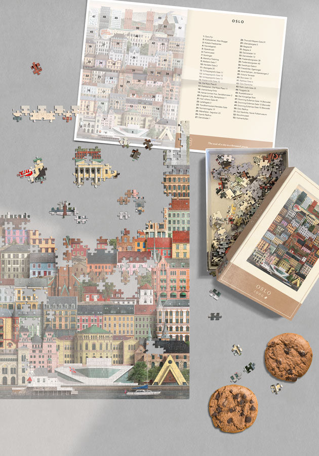 The Martin Schwartz Puzzle Oslo City, 1000 Pieces, shows an iconic Scandinavian cityscape. Includes puzzle box, scattered pieces, reference sheet, and two chocolate chip cookies displayed on a gray surface.
