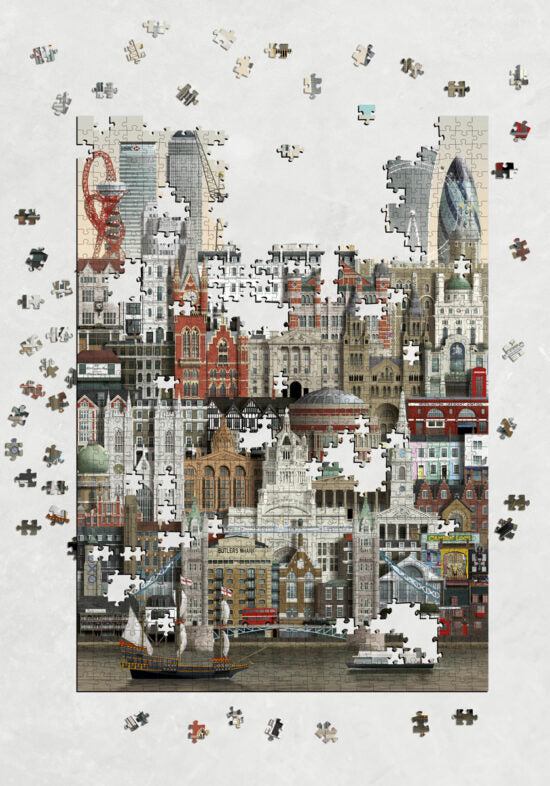 The partially completed Martin Schwartz Puzzle London City, 1000 Pieces shows a cityscape with architectural landmarks; loose pieces are scattered on a white surface.