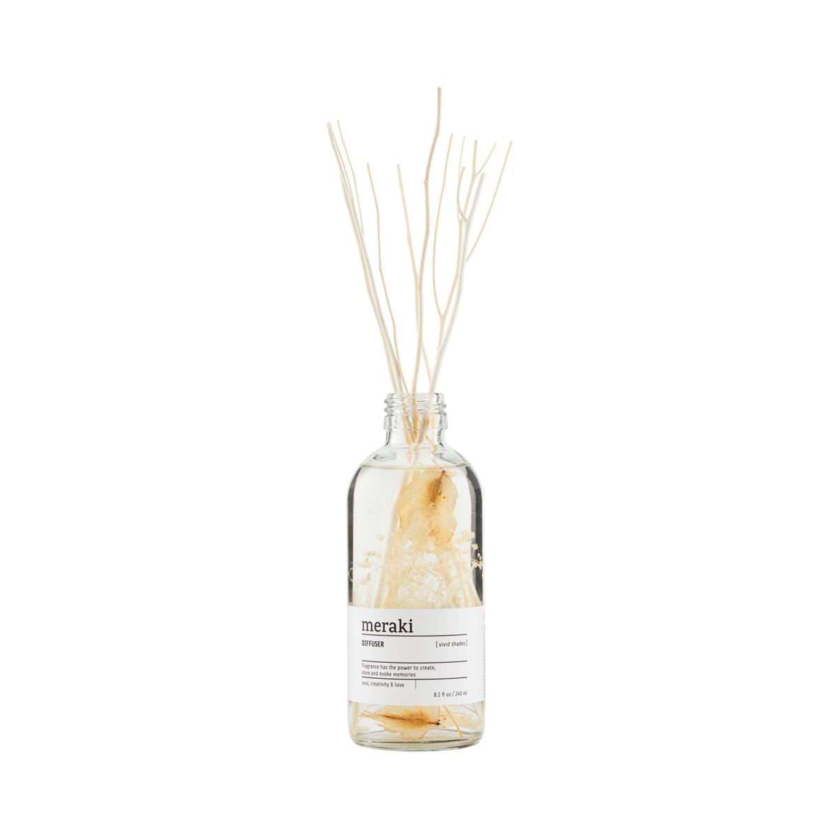 The Meraki Diffuser, Vivid Shades features a clear glass bottle with light reed sticks, ideal for filling your space with a calming herbal aroma.