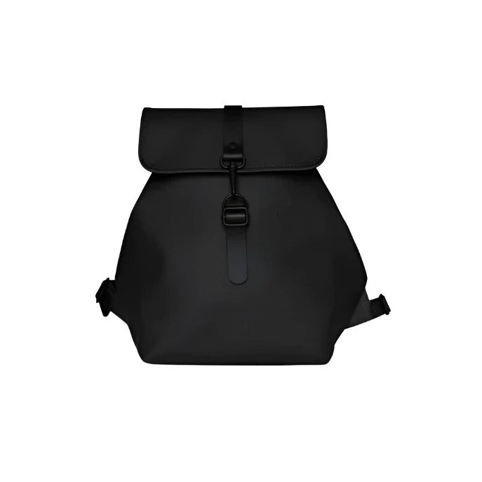 The Rains Bucket Backpack in Black by Rains features a weatherproof PU fabric, flap top, front buckle closure, and adjustable side straps. Photographed on a plain white background.
