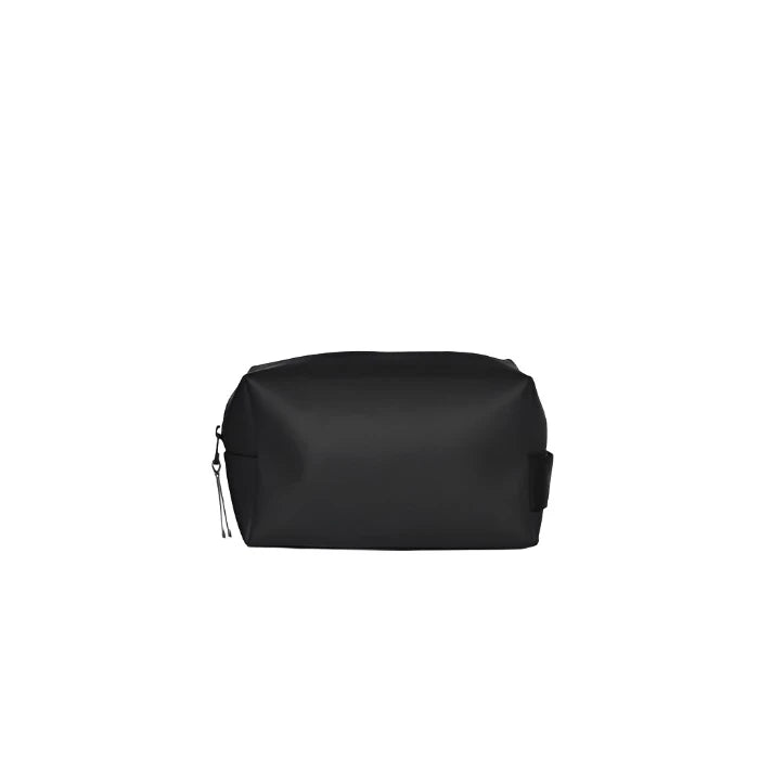 The Rains Wash Bag Small in Black by Rains features a minimalist design with a zippered closure and waterproof construction, presented against a white background.