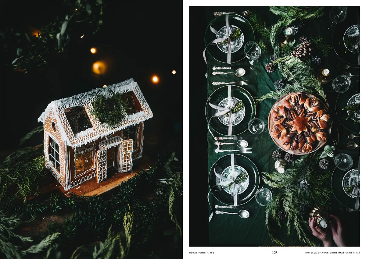 On the left, a gingerbread house with white icing sits among greenery; on the right, a holiday table features settings and a star-shaped pastry inspired by Cozy Publishing’s Nordic Winter - Cook Book.