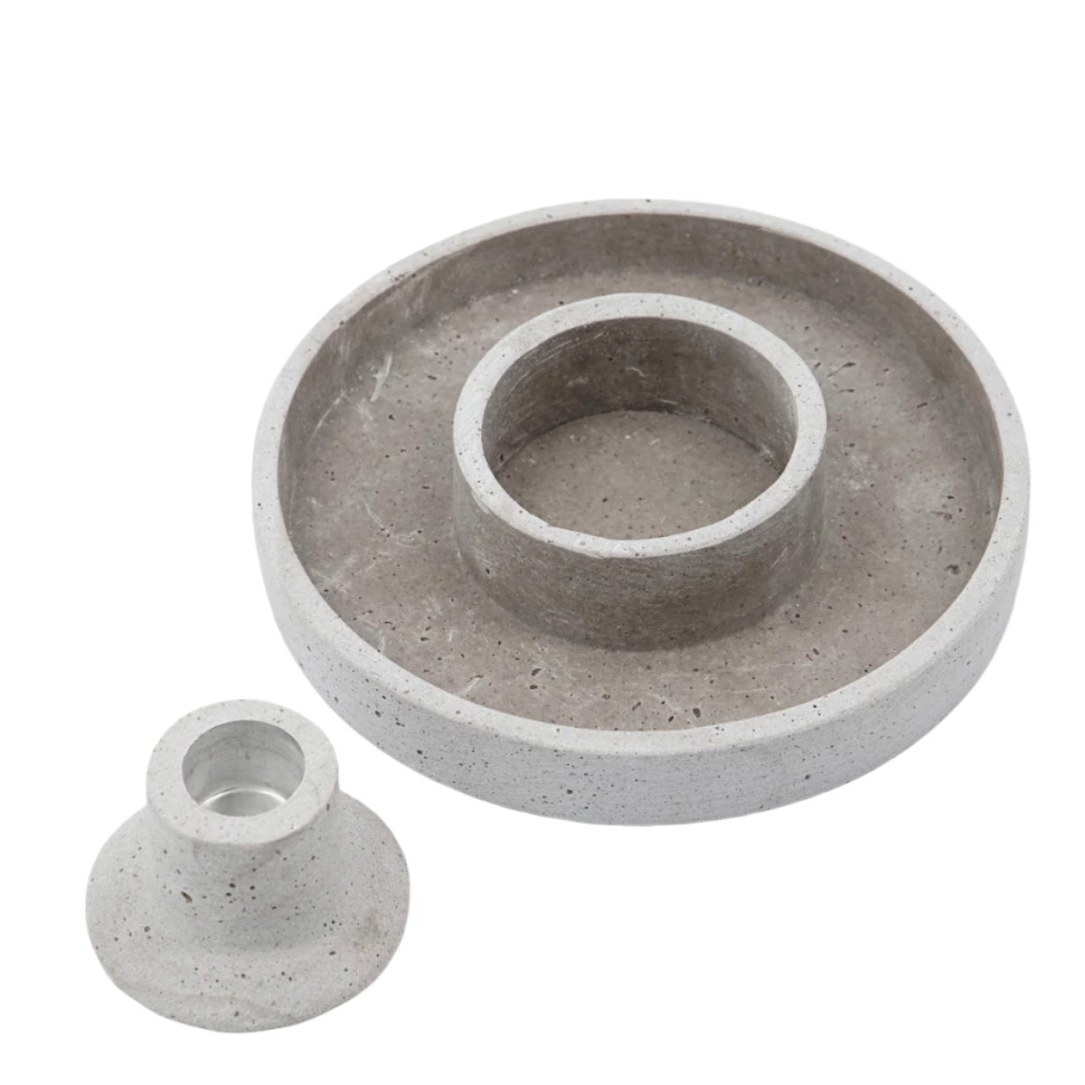 The House Doctor Candle Stand Daca, 2 in 1, Cement Look 15cm, features a round grey tray and matching cylindrical holder—ideal as a minimalist candle holder for modern industrial decor.