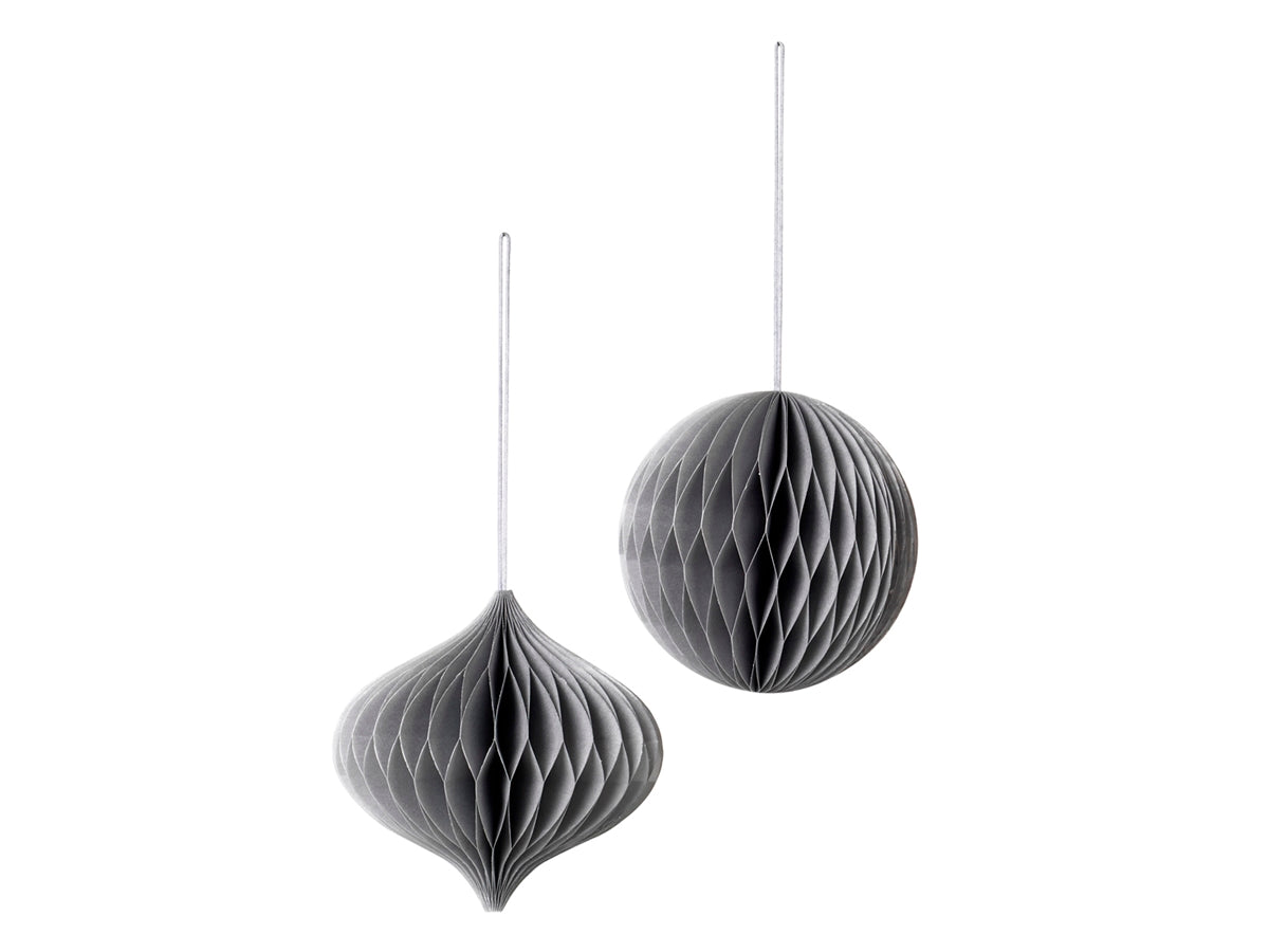The Broste Copenhagen 'Christmas Mix' paper hanging decorations set includes two silver ornaments, teardrop and oval-shaped, suspended on white strings against a plain background.