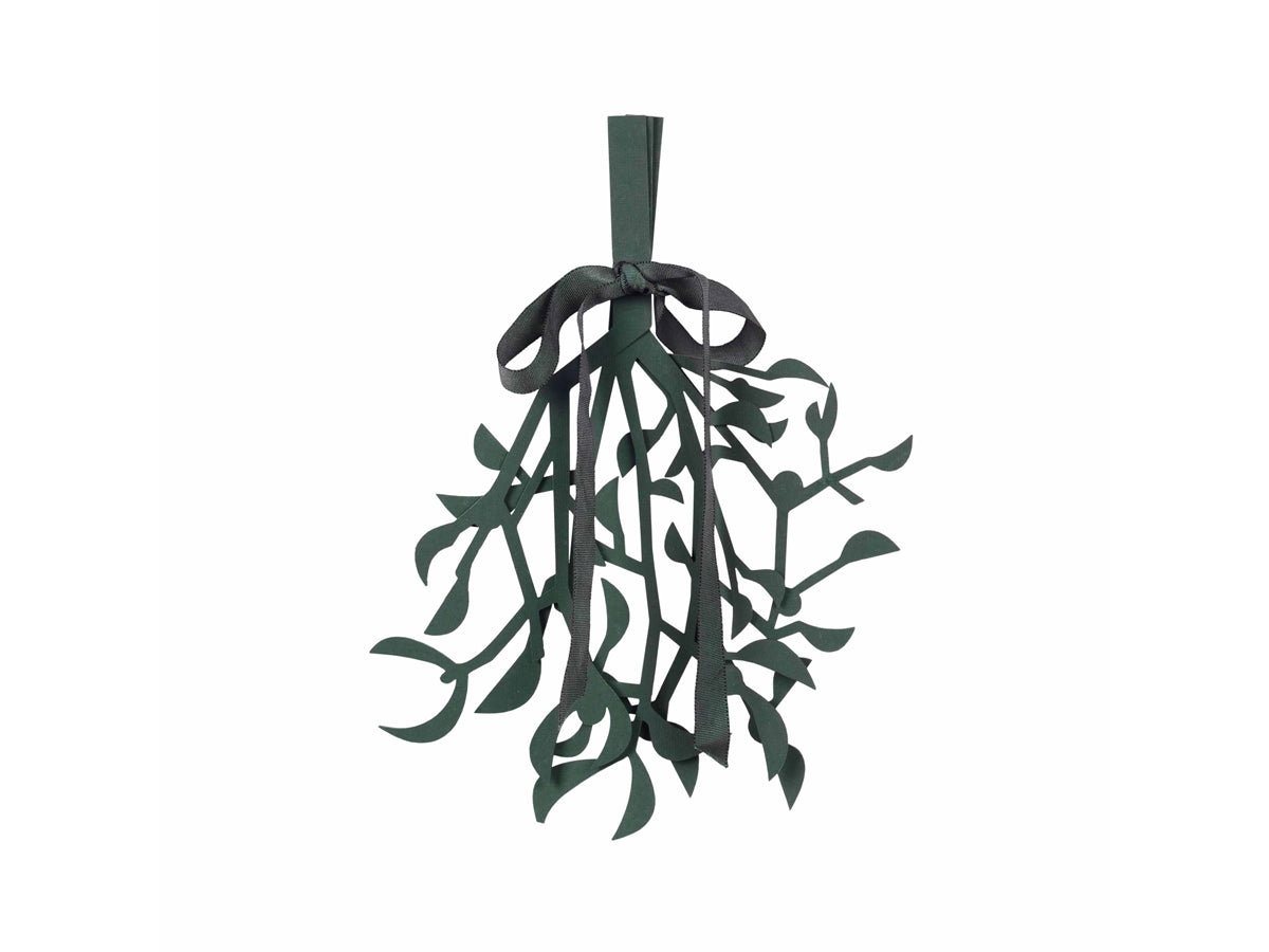 The Broste Copenhagen Mistletoe Deko Decoration in Paper, Deep Forest Green features a festive mistletoe design with a matching ribbon bow—perfect for Christmas décor and beautifully displayed on a white background.