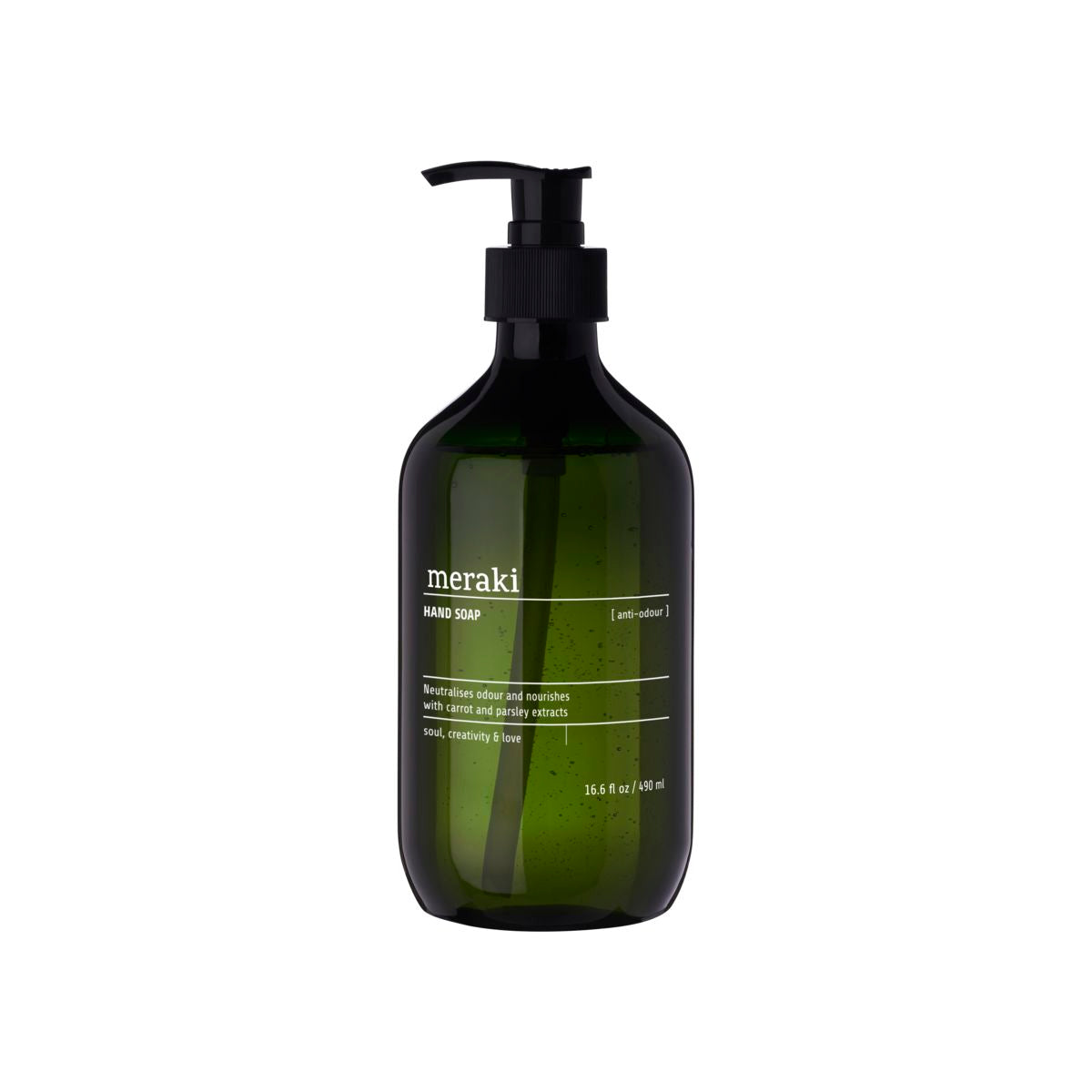 Meraki Hand Soap, Anti-Odour, comes in a green bottle with a black pump and 16.6 fl oz (490 ml) capacity. This Scandinavian-style soap neutralises food smells, leaving your hands fresh and clean every time.