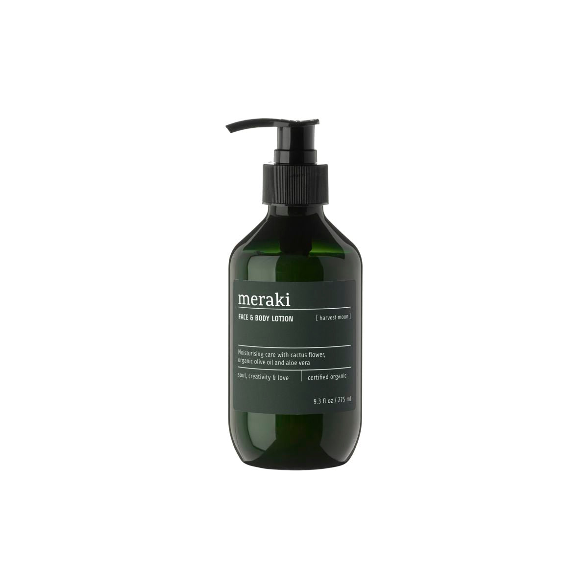 A green pump bottle of Meraki Face & Body Lotion Organic, Harvest Moon, with a black label, is shown against a plain white background. This lotion is certified ECOCERT Cosmos for natural face and body care.
