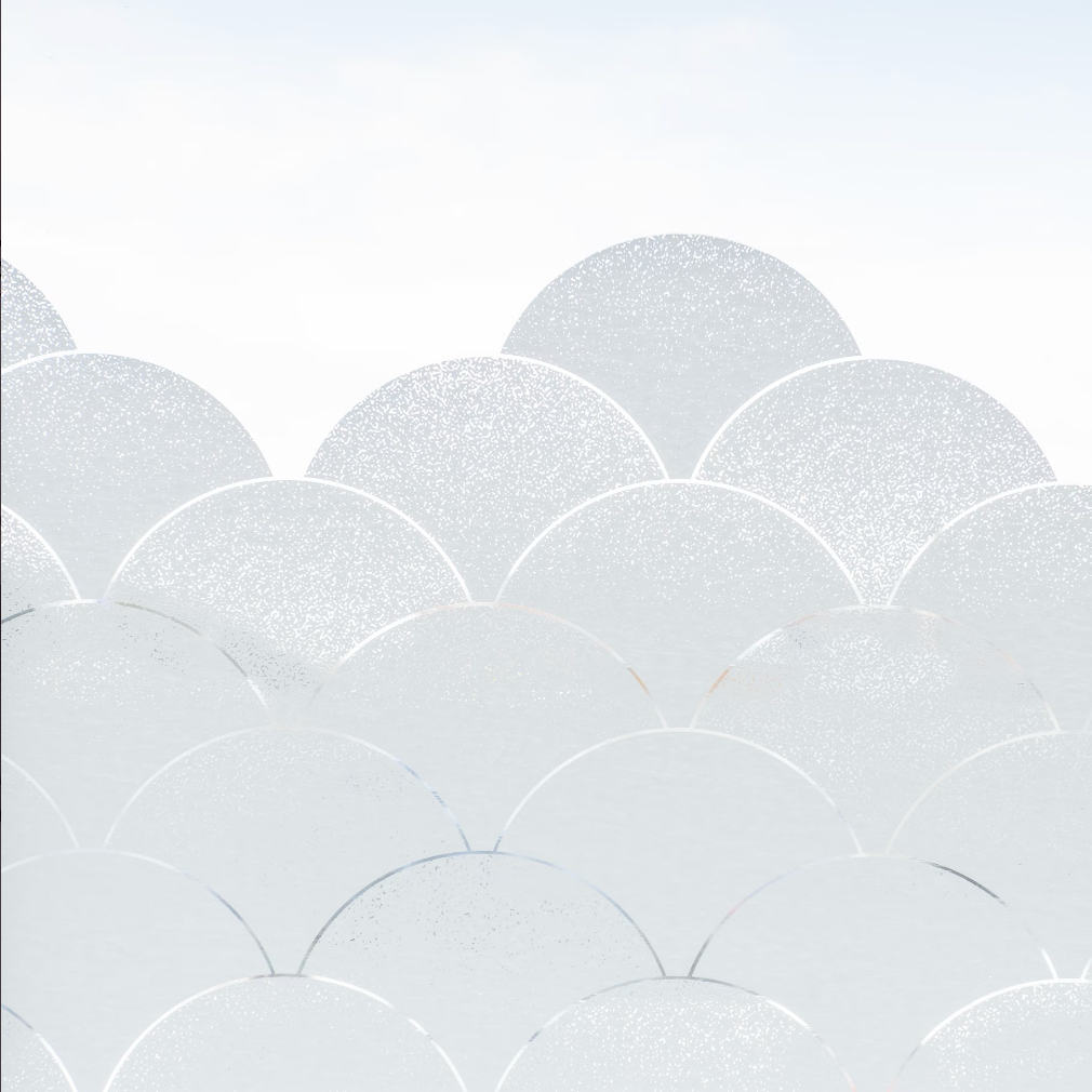 The BY MAY Stockholm Clouds Window Film (48 x 120cm) features overlapping, glittery white scalloped circles on a blue and white gradient, mimicking frosted glass for a soft, textured look.