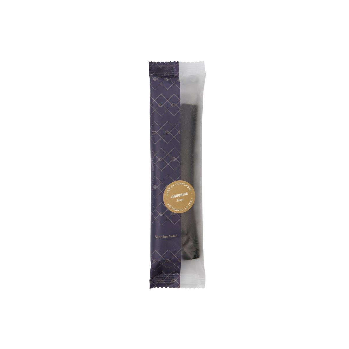 A single Sweet Soft Liquorice stick by Nicolas Vahé, elegantly wrapped in a transparent and navy blue geometric design with a gold label—perfect as a small gift.