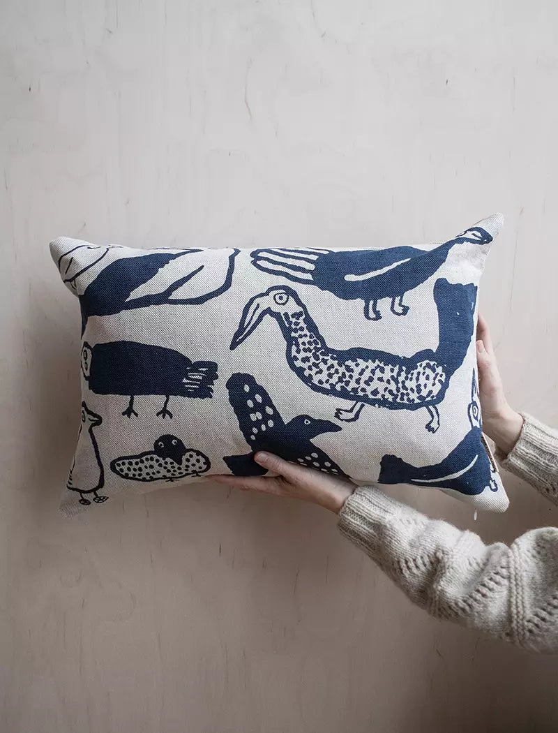 Tori Birds Cushion Cover on Linen in Blue
