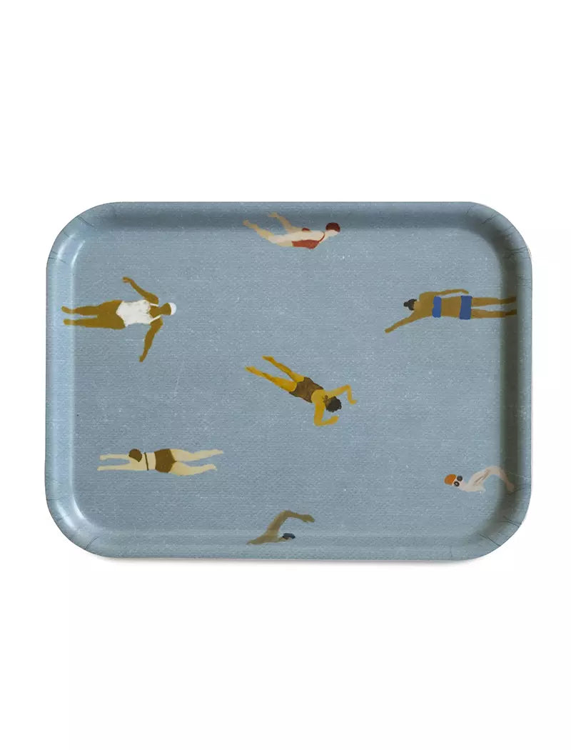 The Swimmers Tray by Fine Little Day is a 27 x 20 cm FSC-marked birch wood tray with a blue background, featuring Elisabeth Dunkers illustrations of six swimmers in colorful swimsuits.