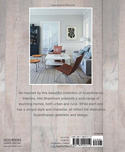 The back cover of The Scandinavian Home - Interiors Inspired by Light by Niki Brantmark features a modern Scandinavian living room with light wood floors and a summary of inspiring interiors influenced by Nordic design.
