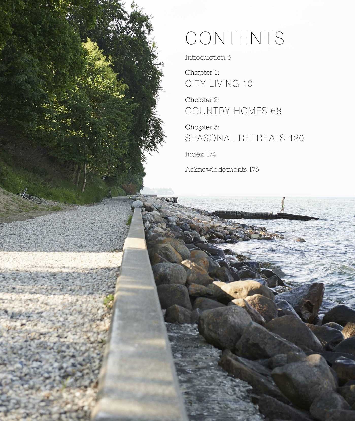 A rocky shoreline with a concrete barrier, trees on the left, and a person on a pier evoke Scandinavian style. The Scandinavian Home - Interiors Inspired by Light by Niki Brantmark overlays the sky as table of contents text.
