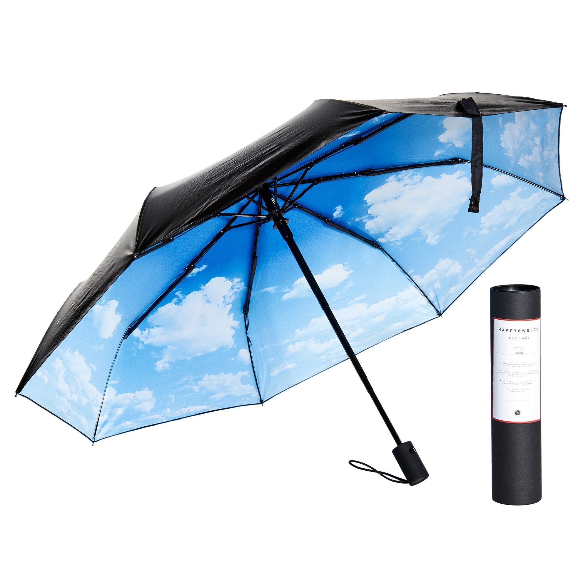 The Happysweeds Umbrella Sky Lake is a compact, windproof umbrella featuring an inner canopy with blue sky and white clouds, shown open beside its cylindrical case.