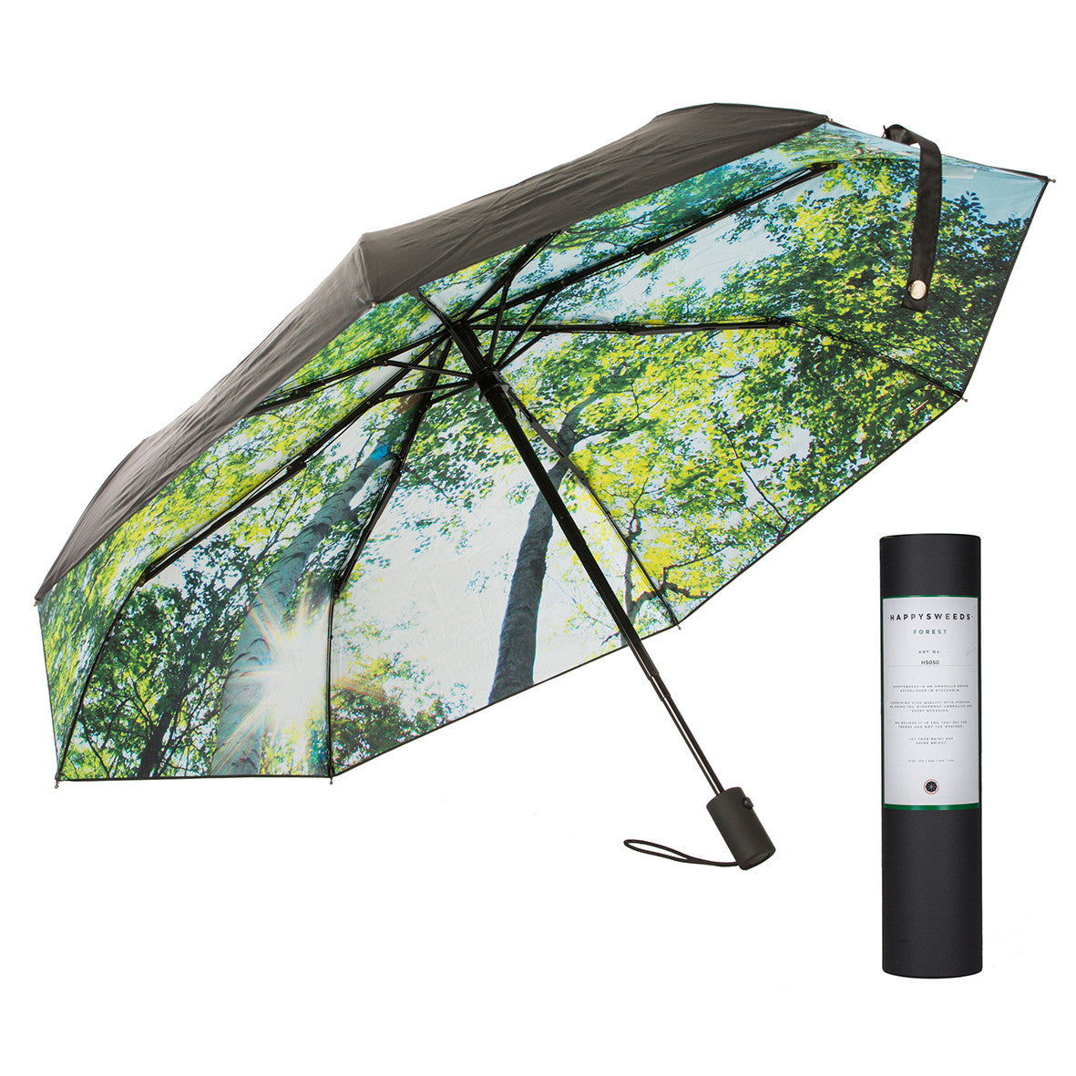The Happysweeds Umbrella Forest, a compact automatic umbrella featuring a forest canopy interior design, is displayed open beside its sleek black cylindrical carrying case.