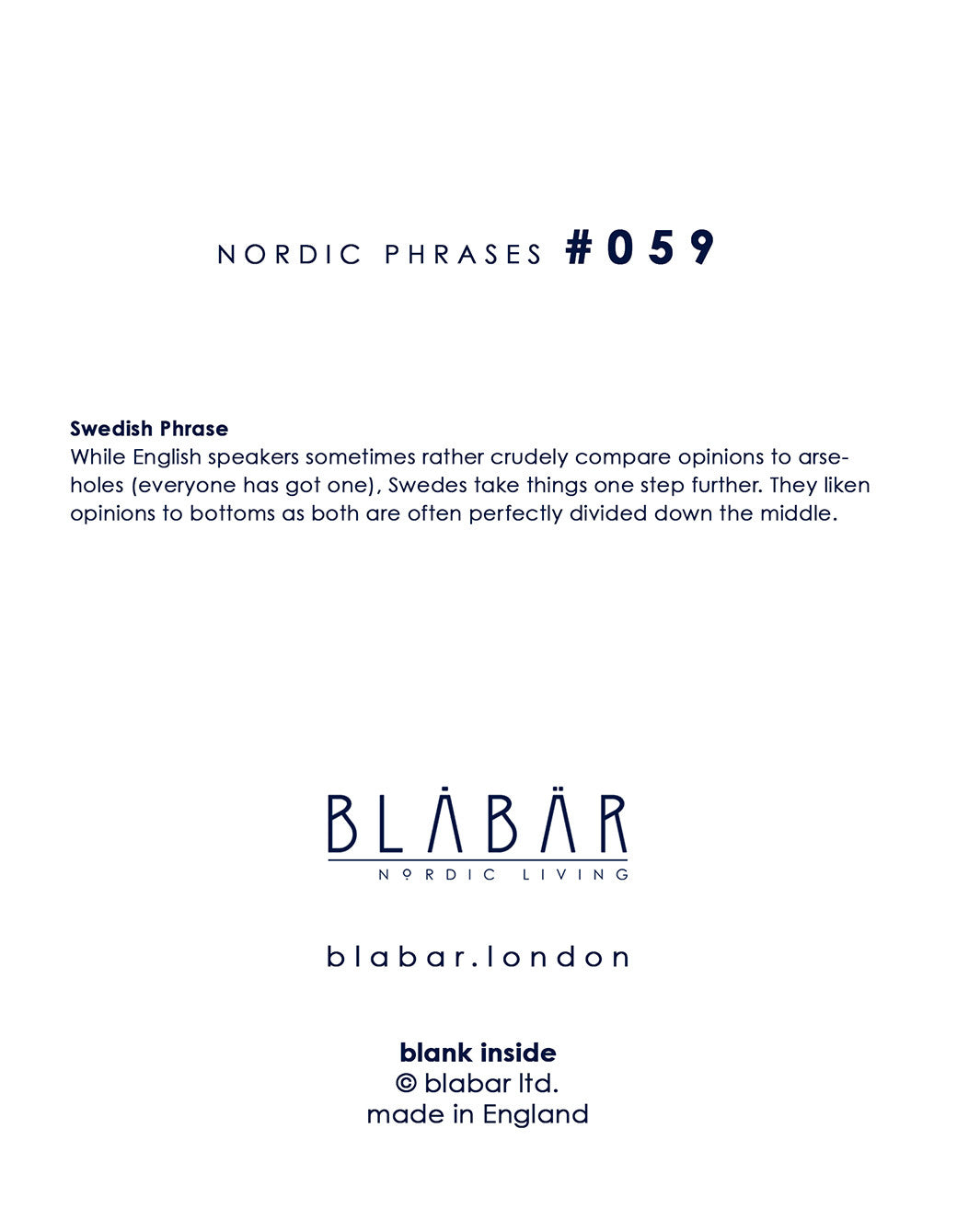 The Blåbär Nordic Living card “Smaken är som baken, delad” explains a Swedish saying about differing opinions, complete with quirky illustrations from the Blåbär collection.