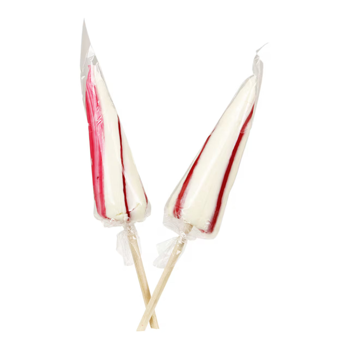 Two red and white striped triangular Umbrella Lollipop, Polka candies by Strömshaga are wrapped in clear plastic and attached to wooden sticks, displayed against a white background. Made in Sweden, these treats offer authentic quality and delightful flavor.
