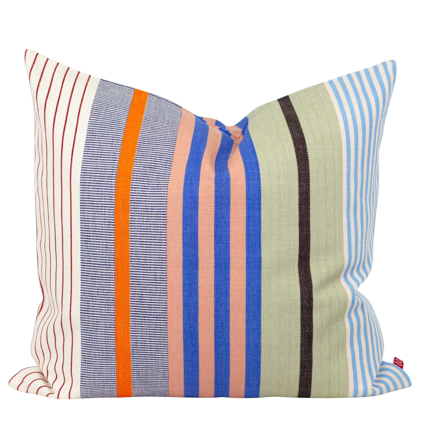 The Olivia Striped cushion cover (50x50 cm) by A World of Craft features vibrant vertical stripes on a light background. Handwoven by Mayan artisans under fair trade practices, it offers a soft and plump look.