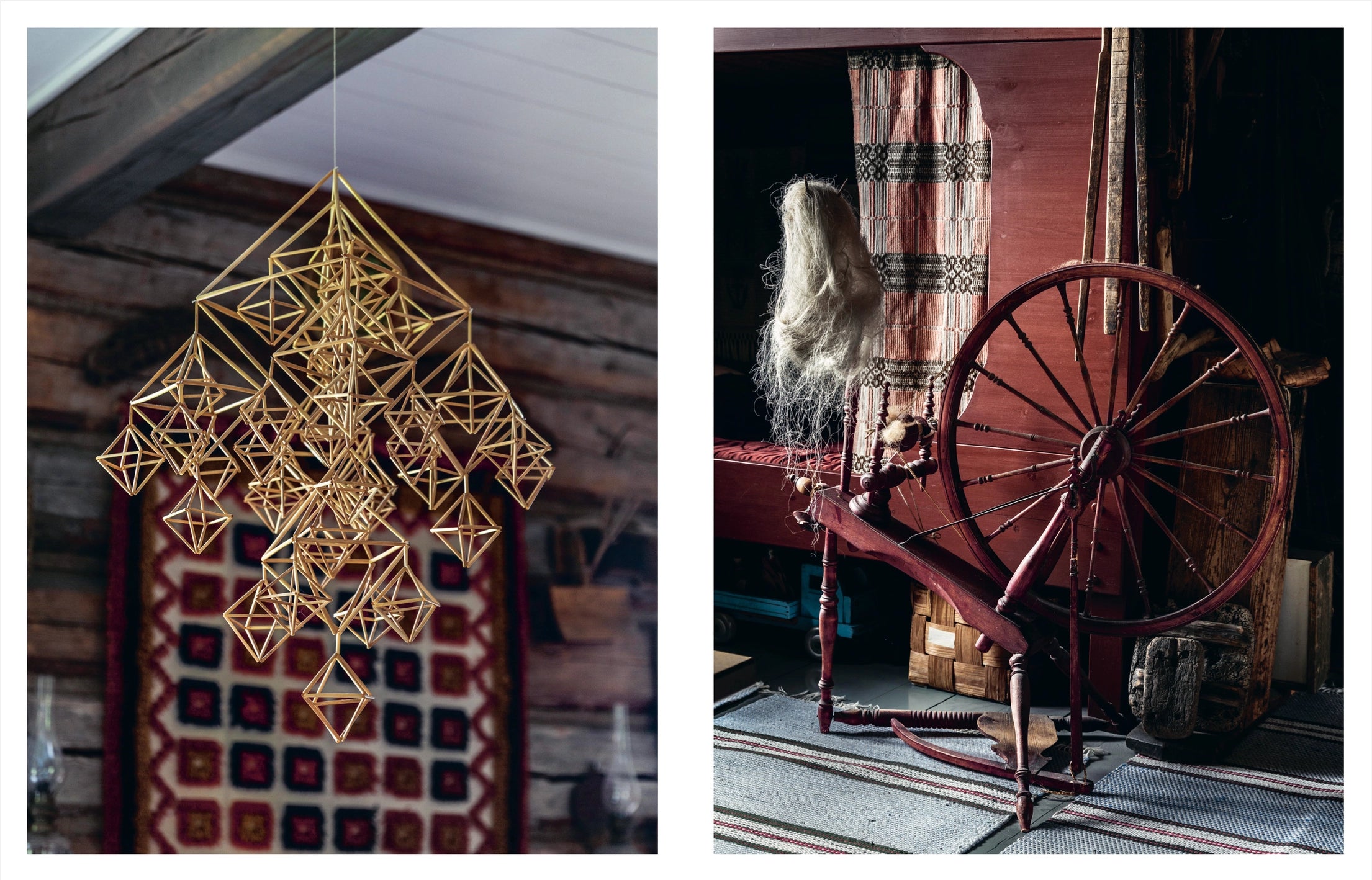 On the left, a geometric chandelier inspired by Finnish design hangs before a patterned rug. On the right, a spinning wheel and loom evoke timeless craft—scenes found in "Genuine – Handmade Beauty from the North" by Cozy Publishing.
