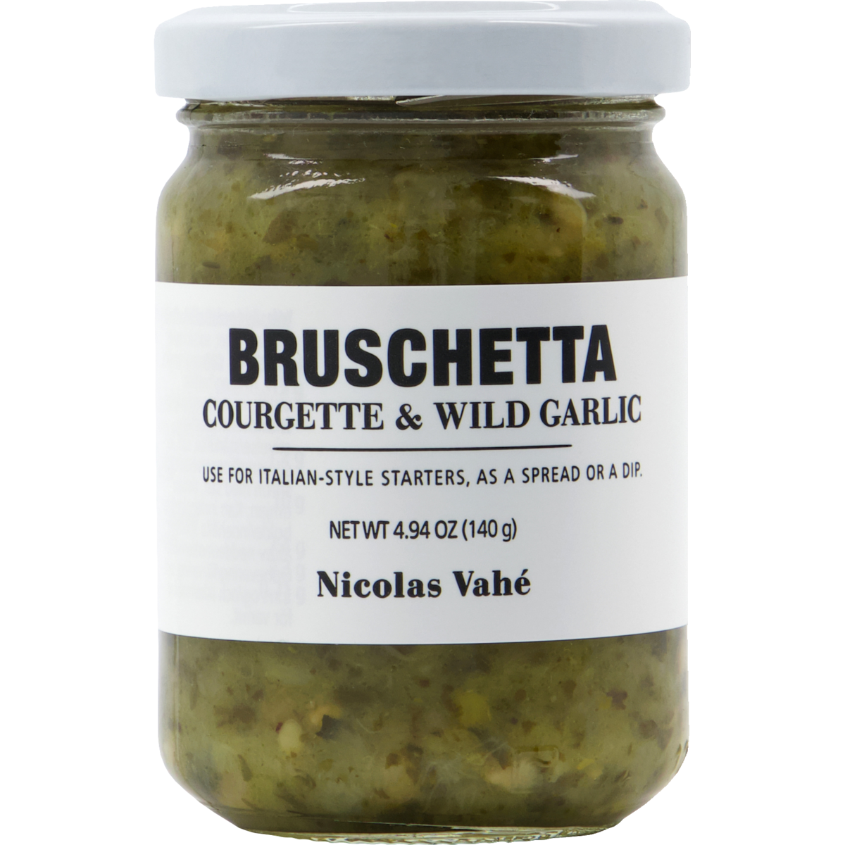 Nicolas Vahé Bruschetta, Courgette & Wild Garlic—ideal for Italian-style starters, spreads, or dips. Net weight: 4.94 oz (140 g).
