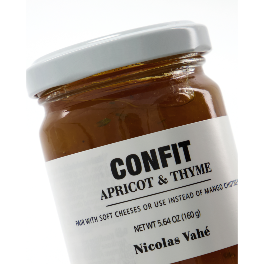 Confit, Apricot & Thyme by Nicolas Vahé, 160g glass jar. Perfect with soft cheeses or as a mango chutney alternative for a tasty cheese platter pairing.