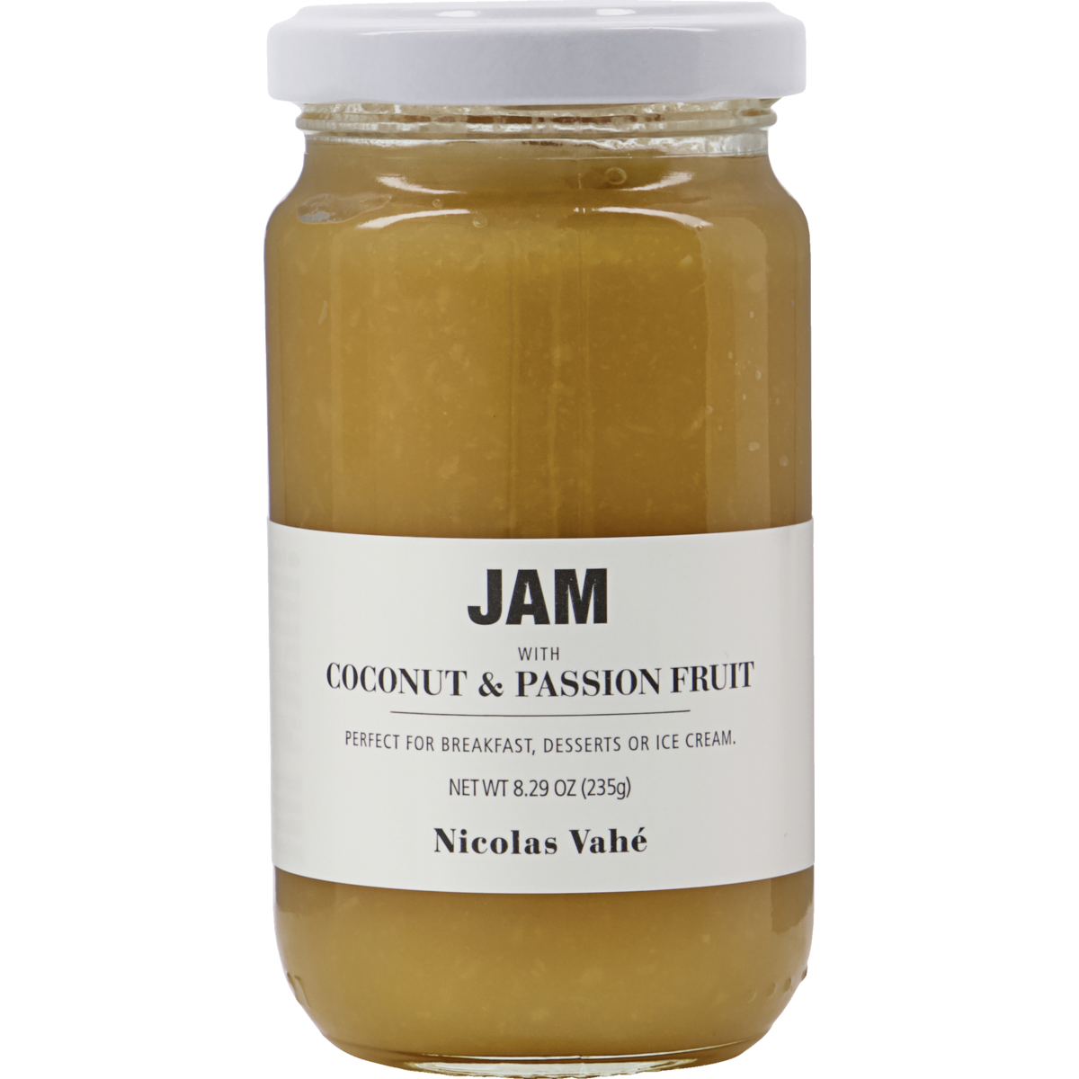Nicolas Vahé Jam - Coconut & Passion fruit comes in a glass jar with a white lid and minimalist white label. Inside, the light yellow jam blends exotic coconut and passion fruit flavors for an elegant touch.